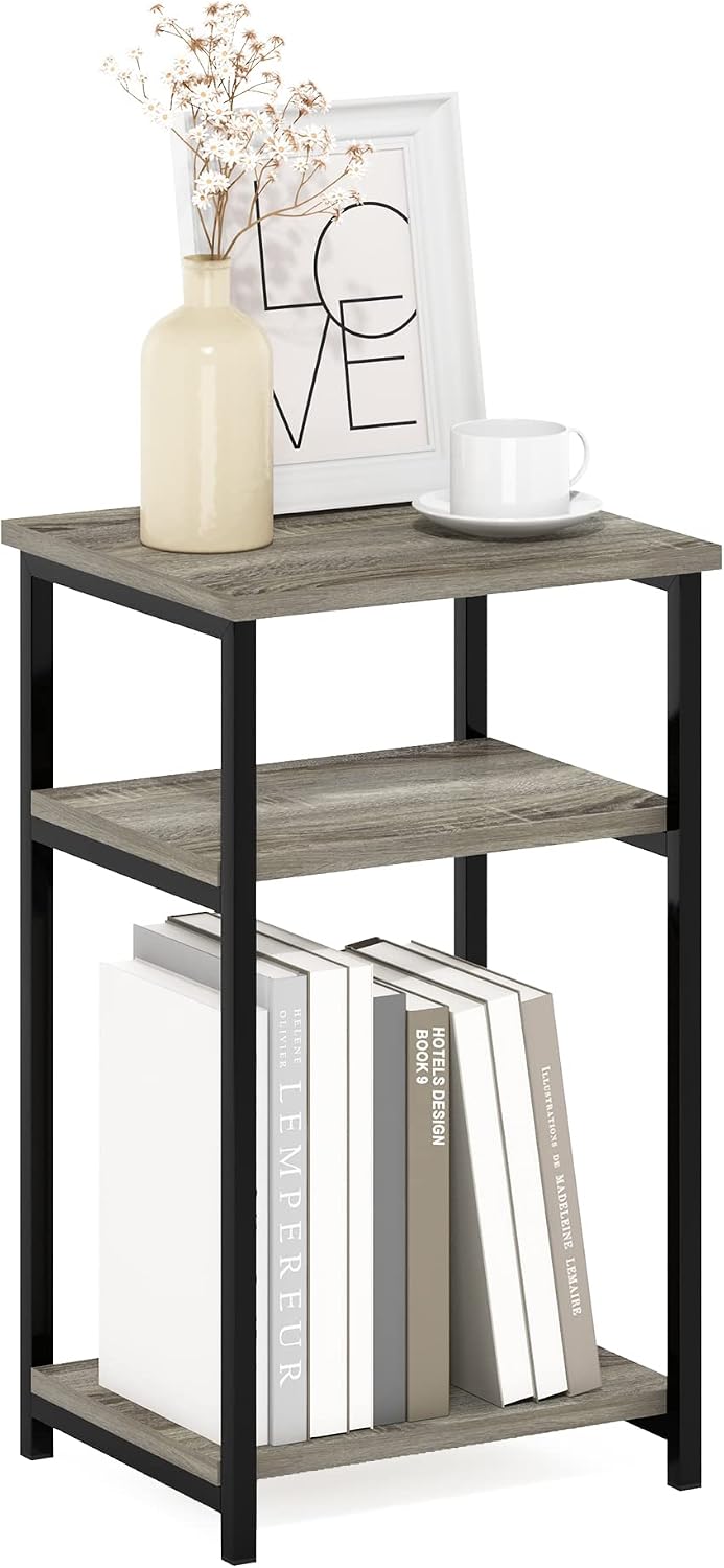 Just Side Table, 3-Tier Modern Metal Frame End Table, Grey Oak