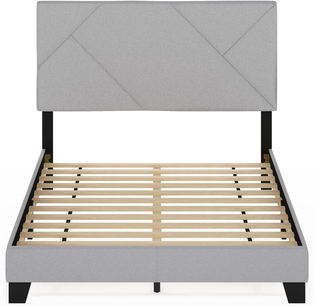 Skylar Bed Frame, Full Size Bedframe with Geometric Design Upholstered Headboard, Bed with Adjustable Headboard, No Box Spring Needed, 12pcs Wooden Slat Support, for Bedroom, Dorm, Glacier
