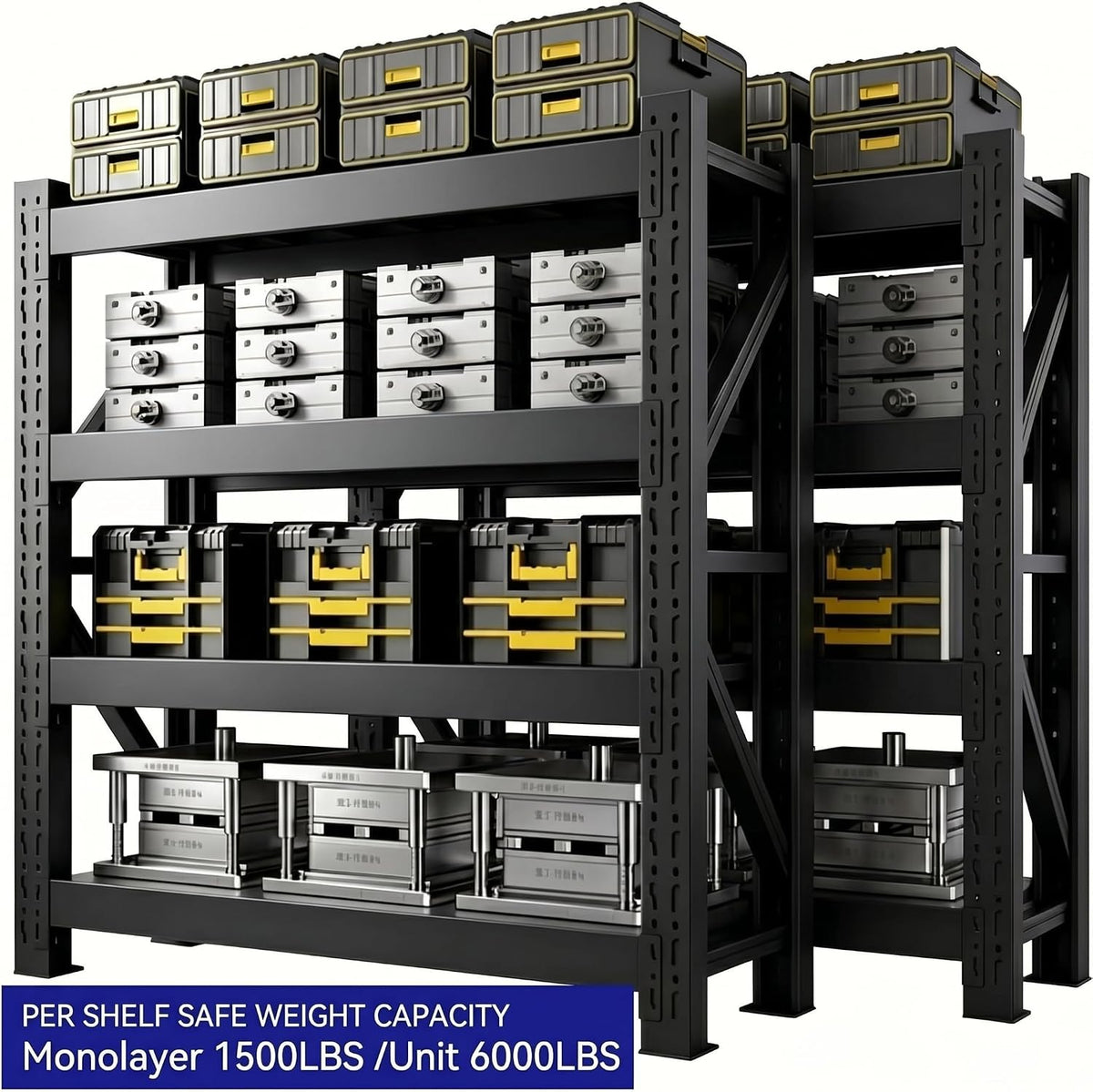 Heavy Duty Garage Shelving, Tool-Free Boltless Assembly, 7-Layer Rust-Resistant Coating, 6000LBS/Unit, Patented Dual-Chamber Beam, Expandable, Adjustable 4-Tier Rack (Black, 48 * 24 * 71inch)