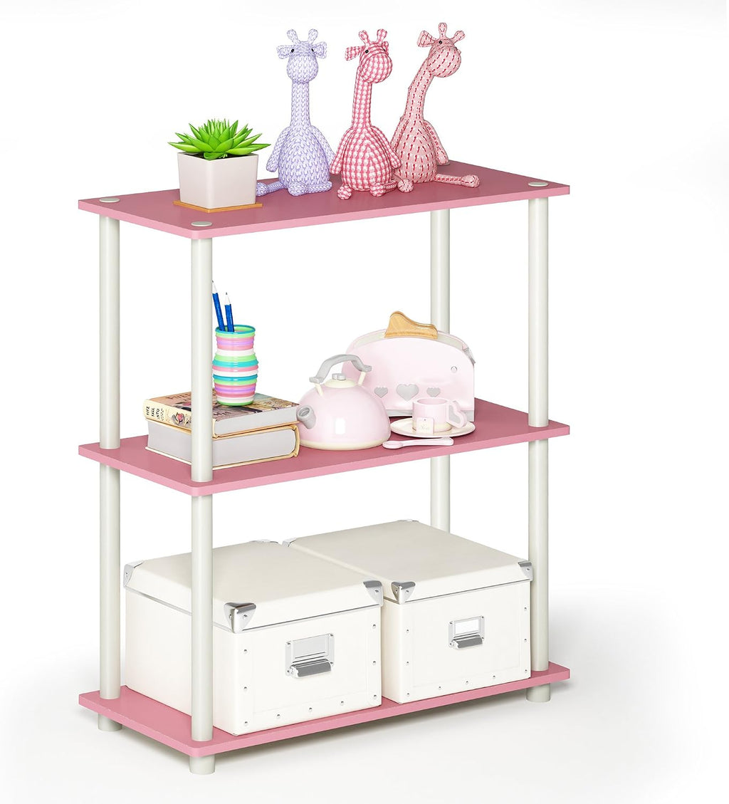 TURN-N-TUBE Storage Shelves, 3-Tier Book Shelf, Corner Shelf, Toolless Open Shelves, for Organization and Storage, Living Room, Garage, Home Office, Pink