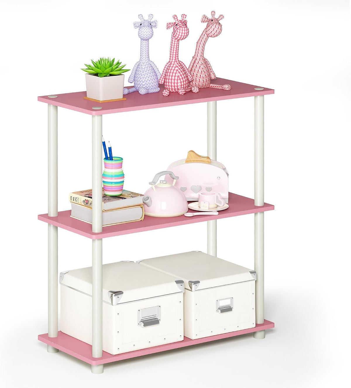 TURN-N-TUBE Storage Shelves, 3-Tier Book Shelf, Corner Shelf, Toolless Open Shelves, for Organization and Storage, Living Room, Garage, Home Office, Pink
