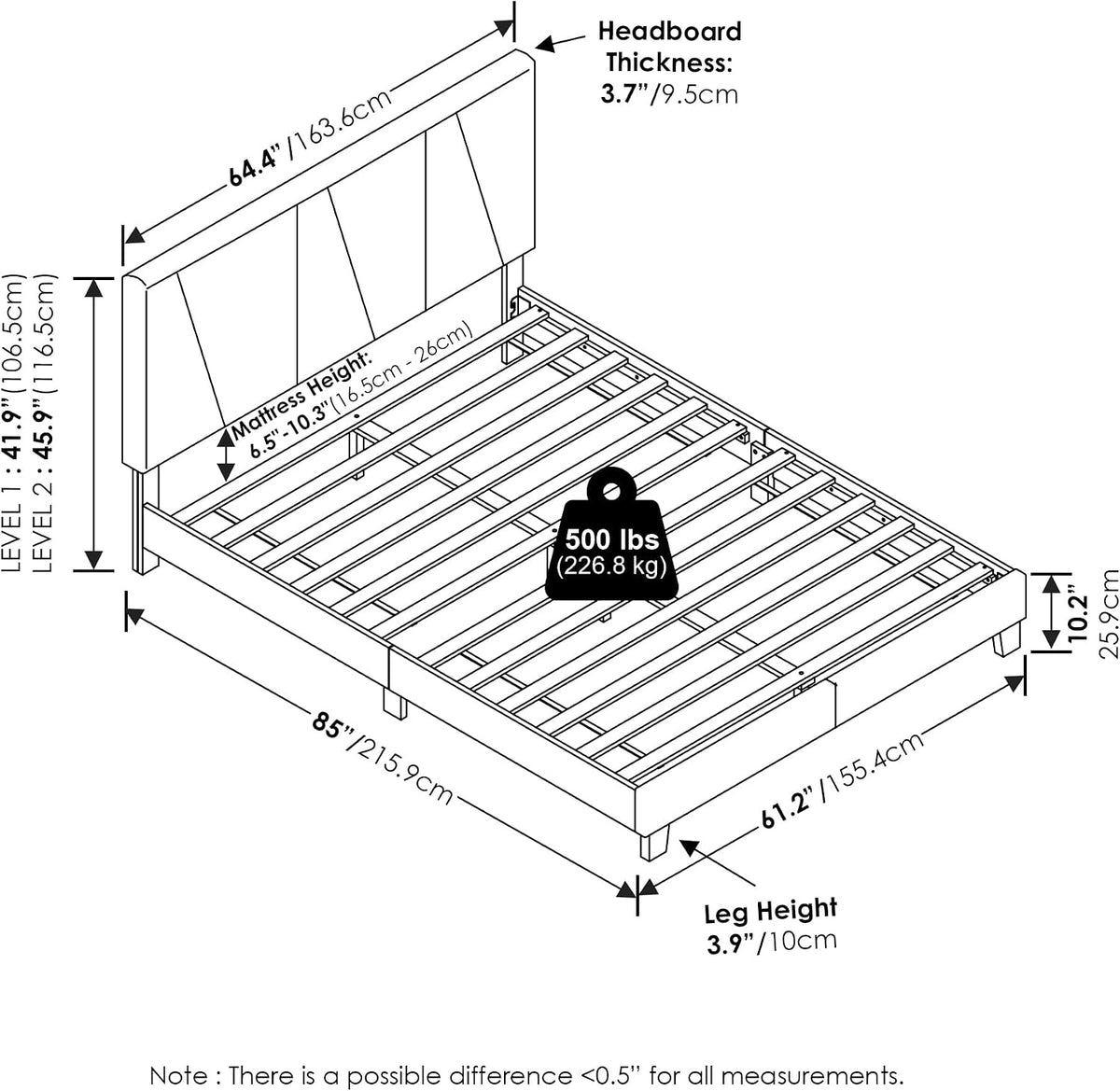 Lucy Bed Frame, Queen Size Bedframe with Geometric Design Upholstered Headboard, Bed with Adjustable Headboard, No Box Spring Needed, 12pcs Wooden Slat Support, for Bedroom, Dorm, Glacier