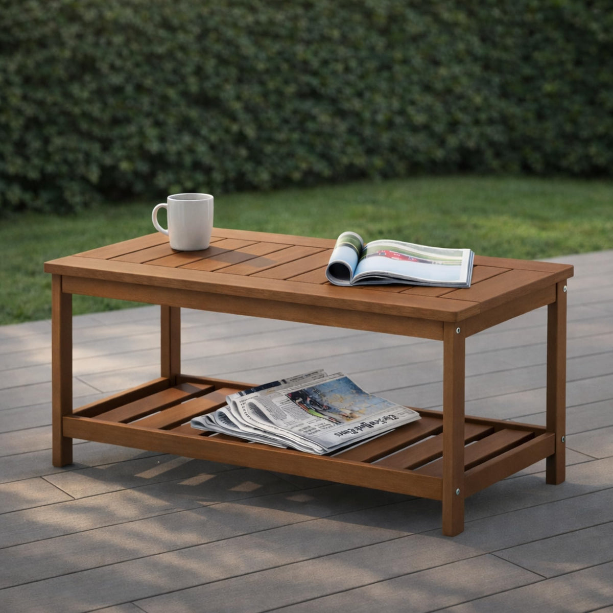 2-Tier Outdoor Patio Table with Open Shelf, Natural
