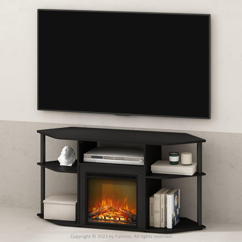 Jensen Fireplace TV Stand, NO Heat Decorative Electric Fireplace Corner TV Stand for TV up to 55 Inch, with Open Shelf, for Living Room, Americano/Black