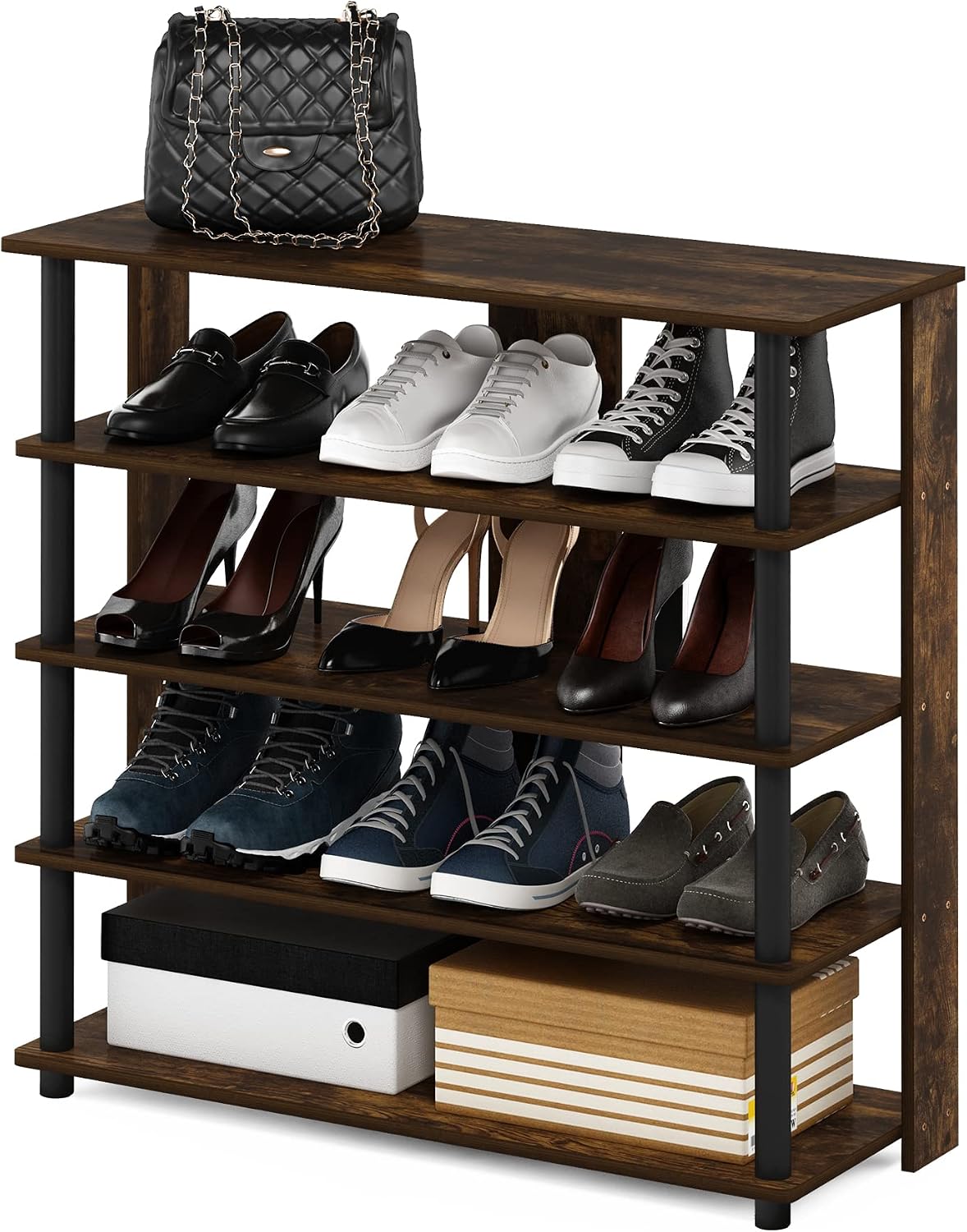 Turn-N-Tube 5 Tier Wide Shoe Rack, White Oak, Stainless Steel Tubes 32 Inch