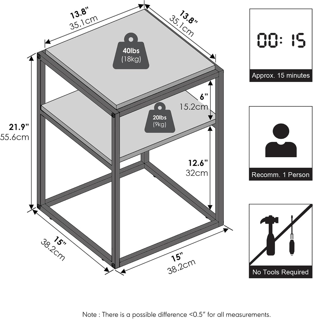 Moretti Side Table, 2-Tier Stackable Metal Frame End Table with Open Shelf, Night Stand, Bedside Table, Toolless Assembly, for Living Room, Bedroom, Solid White