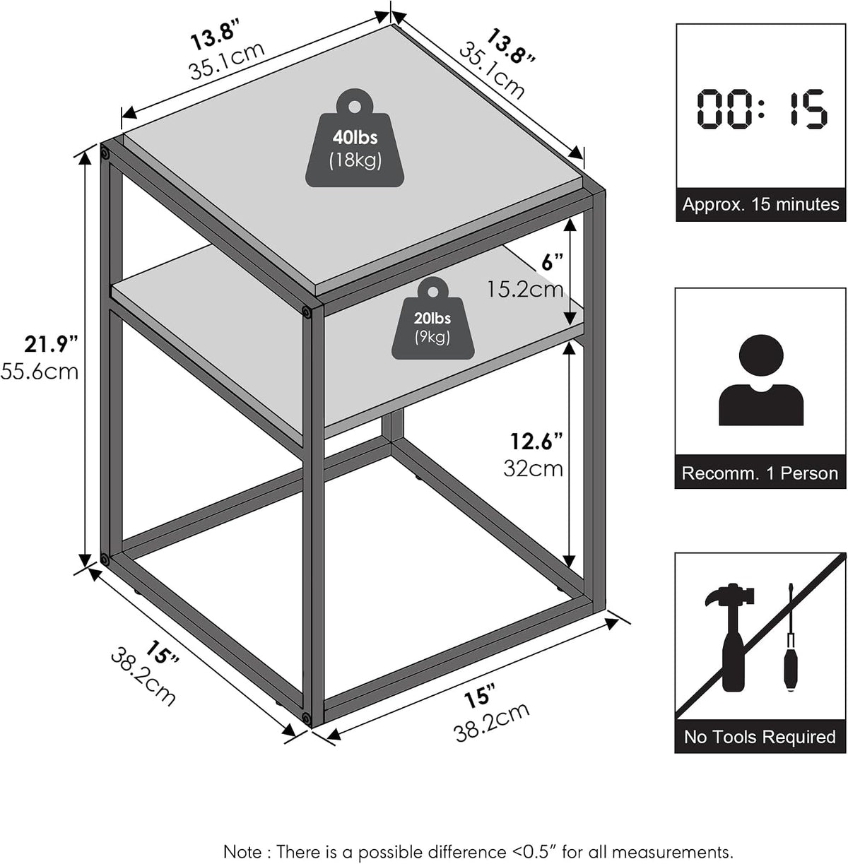 Moretti Side Table, 2-Tier Stackable Metal Frame End Table with Open Shelf, Night Stand, Bedside Table, Toolless Assembly, for Living Room, Bedroom, Solid White