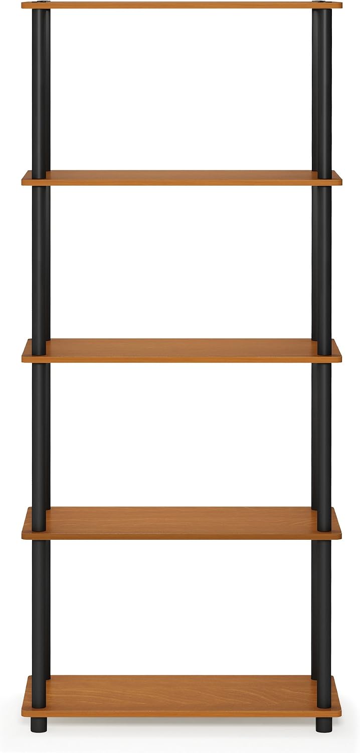 Wire Book Shelf, 5-Tier Industrial Style Metal Frame Bookcase, Display Shelf, 24 Wide, Walnut Cove