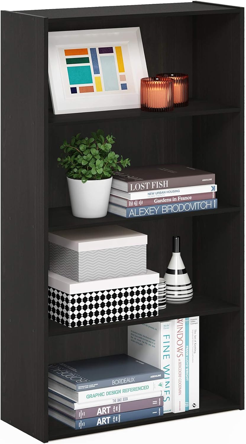 PASIR Book Shelf, 4-Tier Bookshelf, Bookcase with Open Shelf, 9.4 x 23.6 x 41.7, for Living Room, Bedroom, Home Office, Espresso