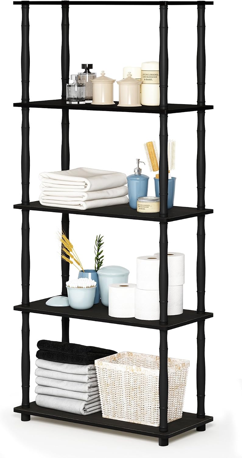 Turn-S-Tube Toolless Assembly 5-Tier Black Book Shelf, Corner Shelf, Open Shelves, Classic Tubes, for Organization and Storage, Living Room, Garage, Home Office, Black Espresso