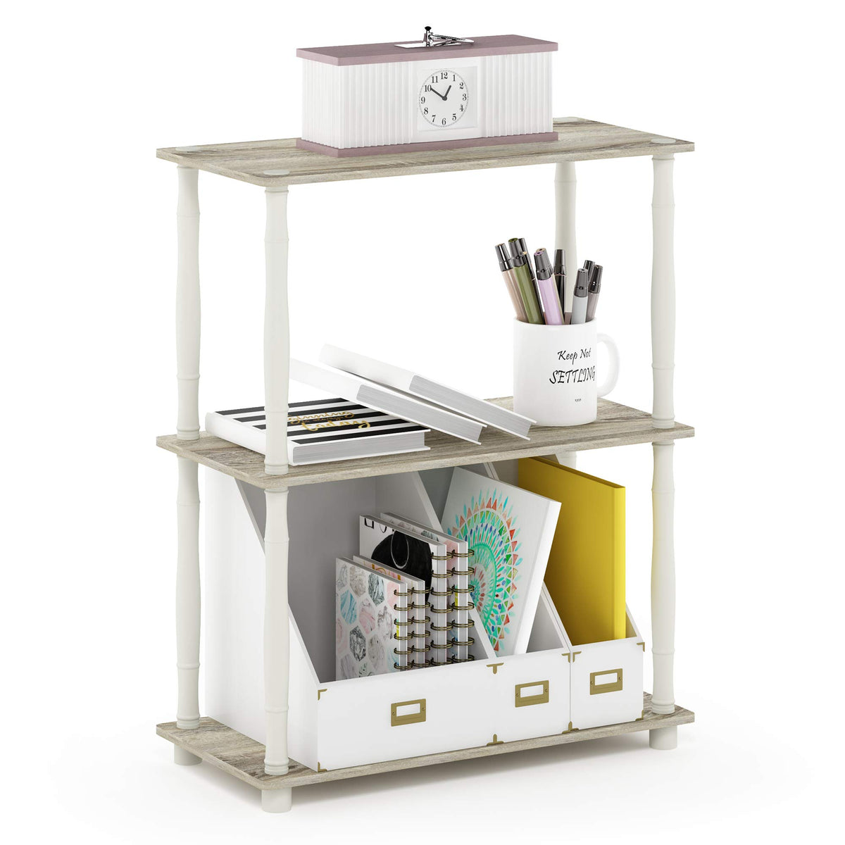 99152BE/WH/IV 3-Tier Go Green Multipurpose Storage Rack Shelving Unit Bookshelf Cabinet with 2 Bins, Beech Finish