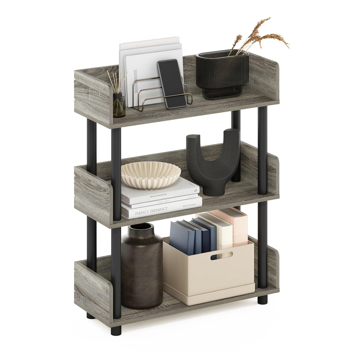 99152BE/WH/IV 3-Tier Go Green Multipurpose Storage Rack Shelving Unit Bookshelf Cabinet with 2 Bins, Beech Finish