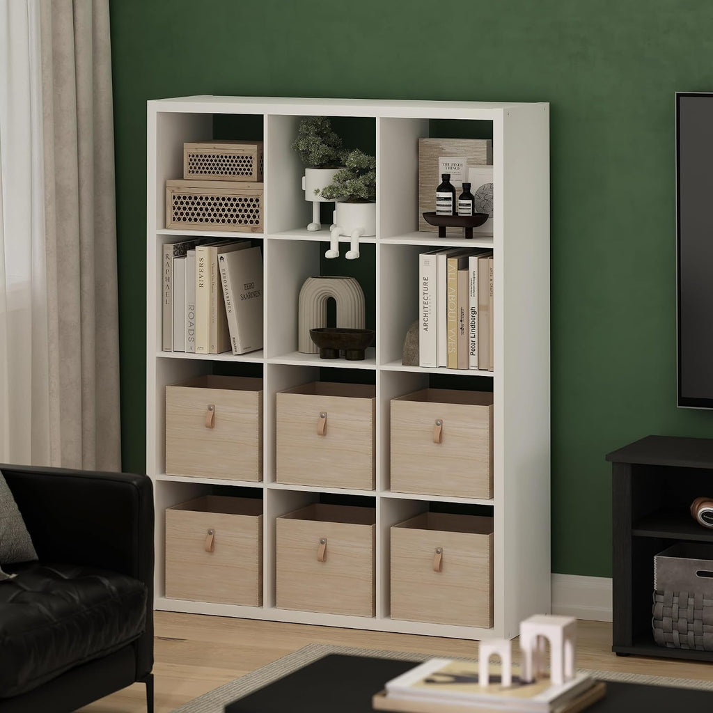 Book Shelf, 12-Cube Bookshelf, Extra Thick Frame Reversible Tall Wide Bookcase with Open Back, 14.6 x 43.8 x 58, for Living Room, Bedroom, Home Office, Plain White