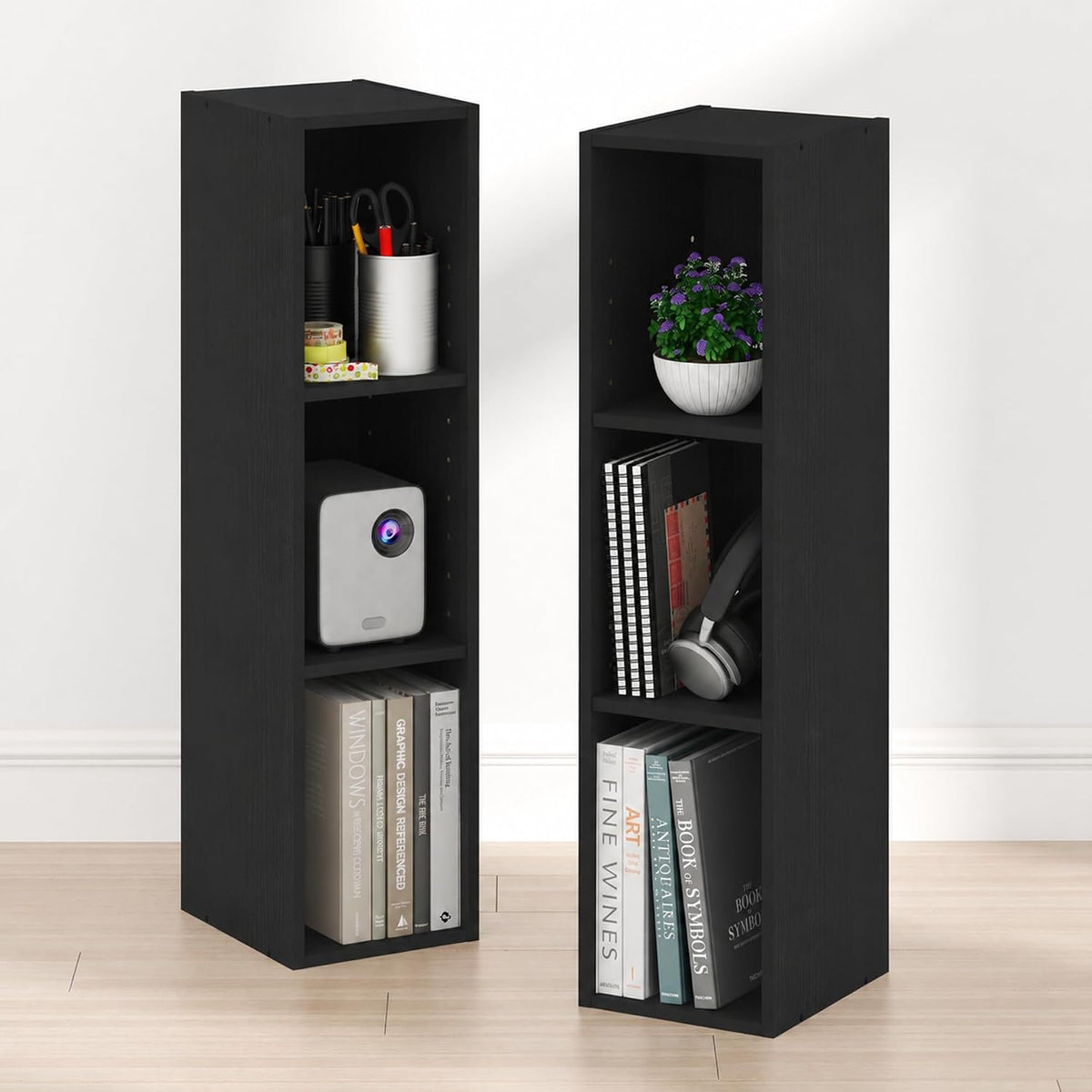 Fulda Book Shelf Set of 2, 3-Tier Narrow Bookshelf, 8" W, Blackwood