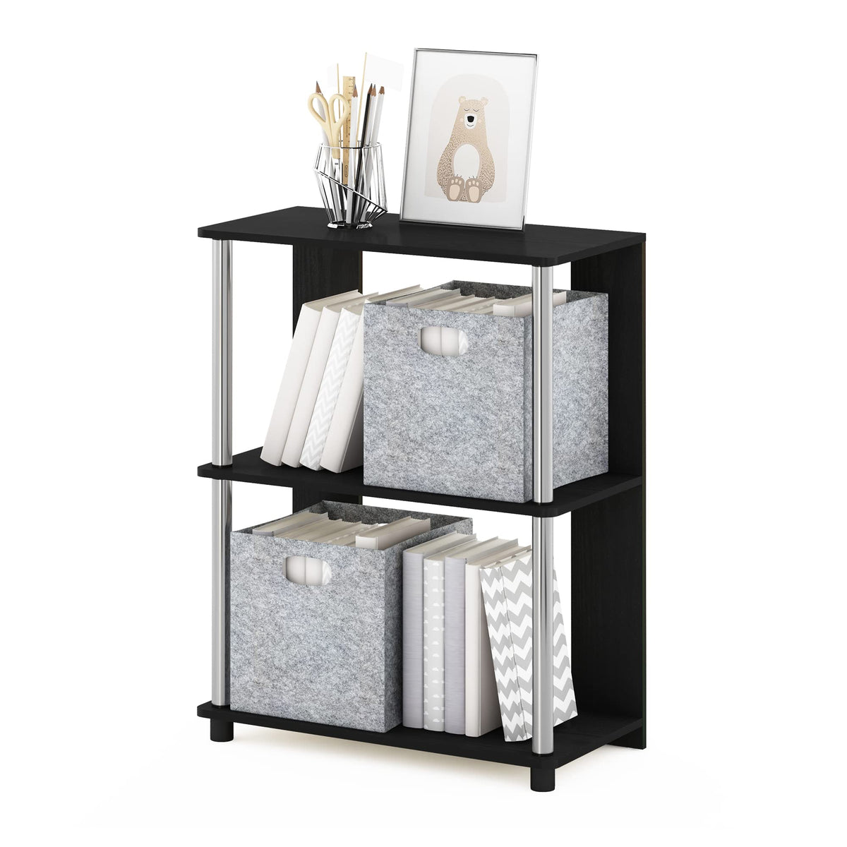 99152BE/WH/IV 3-Tier Go Green Multipurpose Storage Rack Shelving Unit Bookshelf Cabinet with 2 Bins, Beech Finish