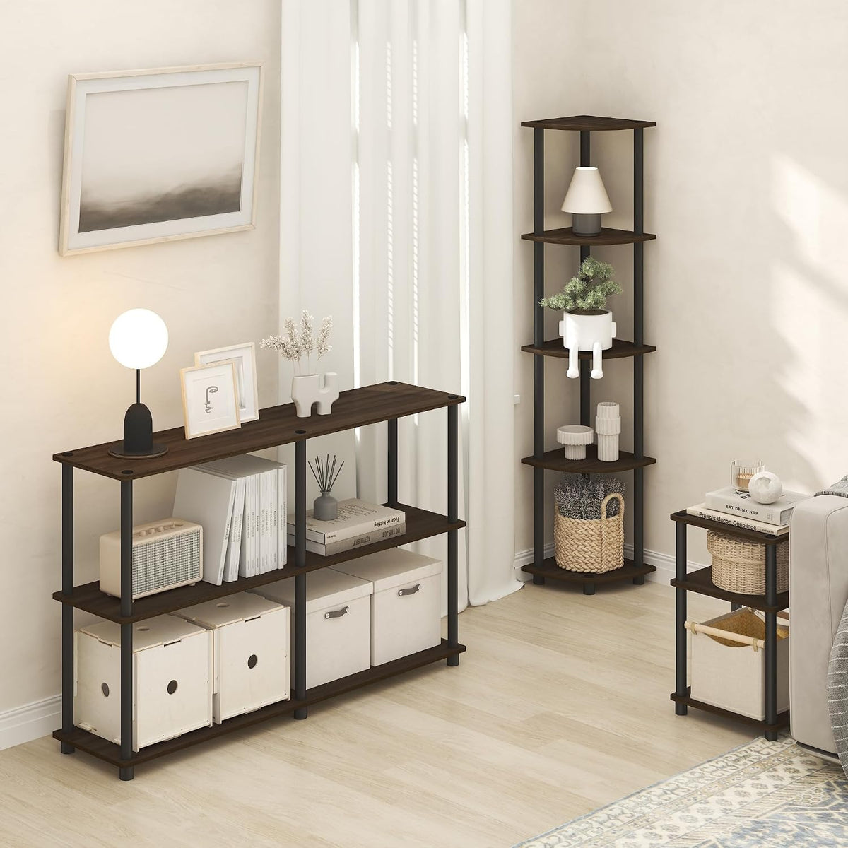 Turn-N-Tube 3-Tier Toolless Side Table, Compact, Brown Walnut