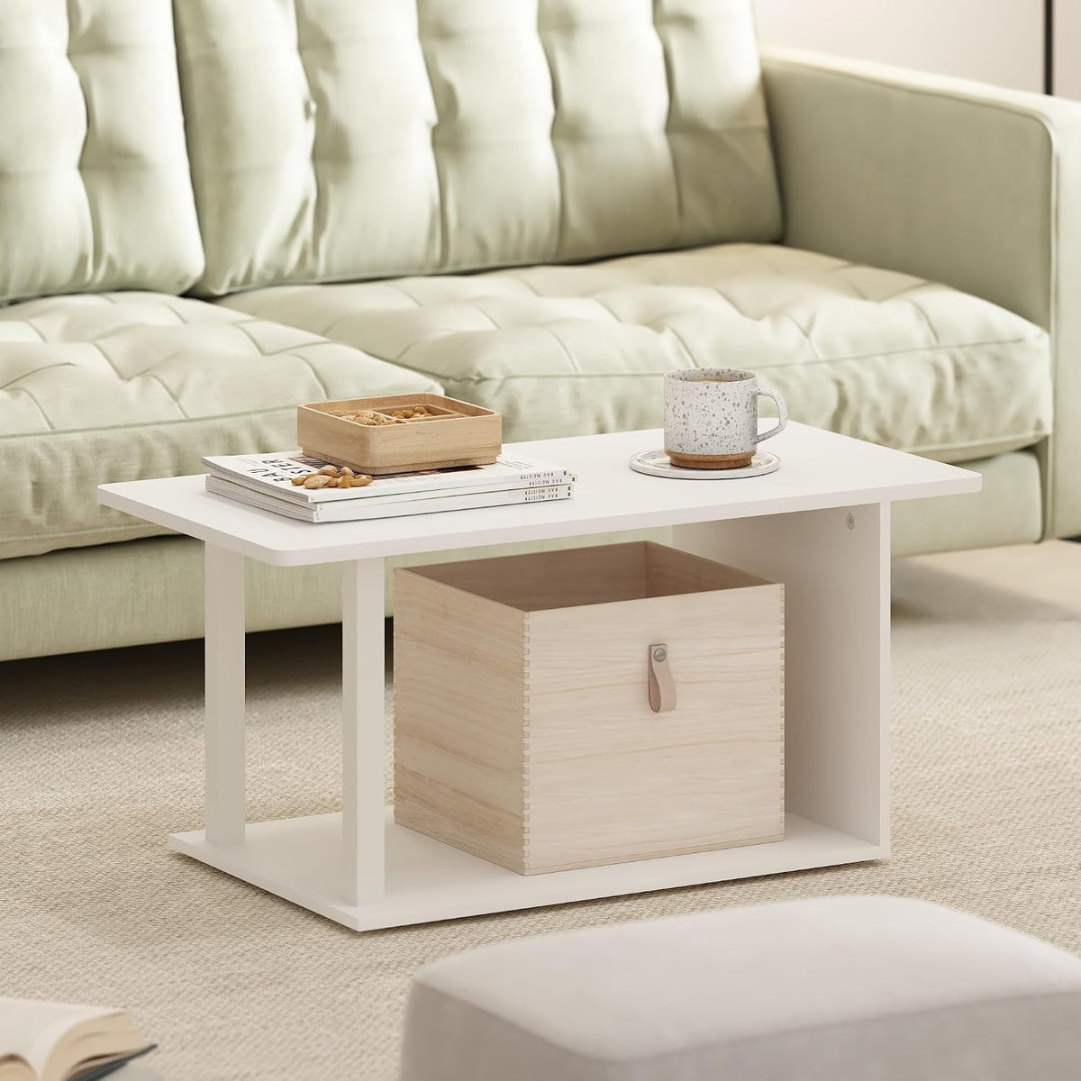 Basic 2-Tier Modern Coffee Table with Open Shelf, White