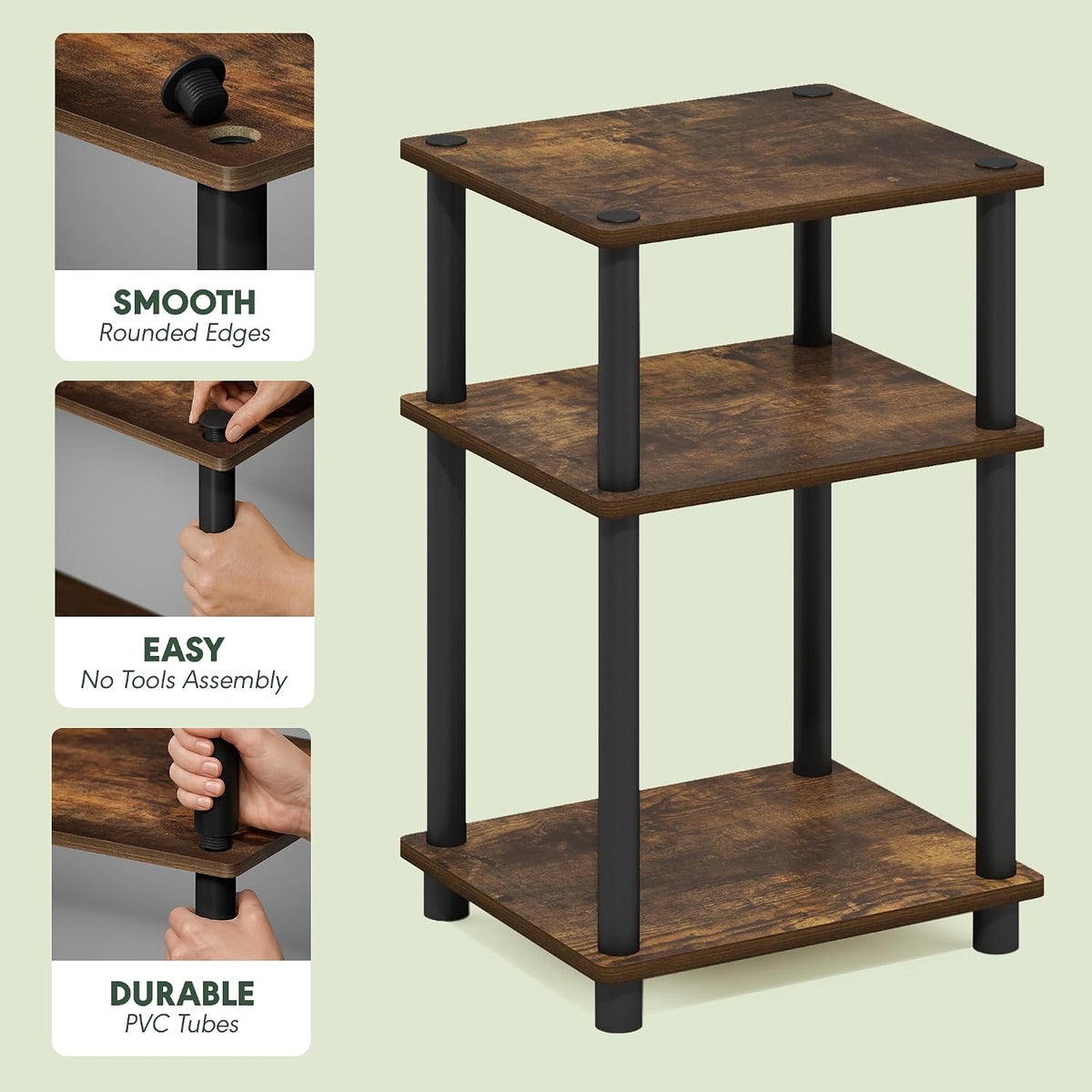 JUST Set of 2 Toolless Assembly 3-Tier Side Table, Amber Oak