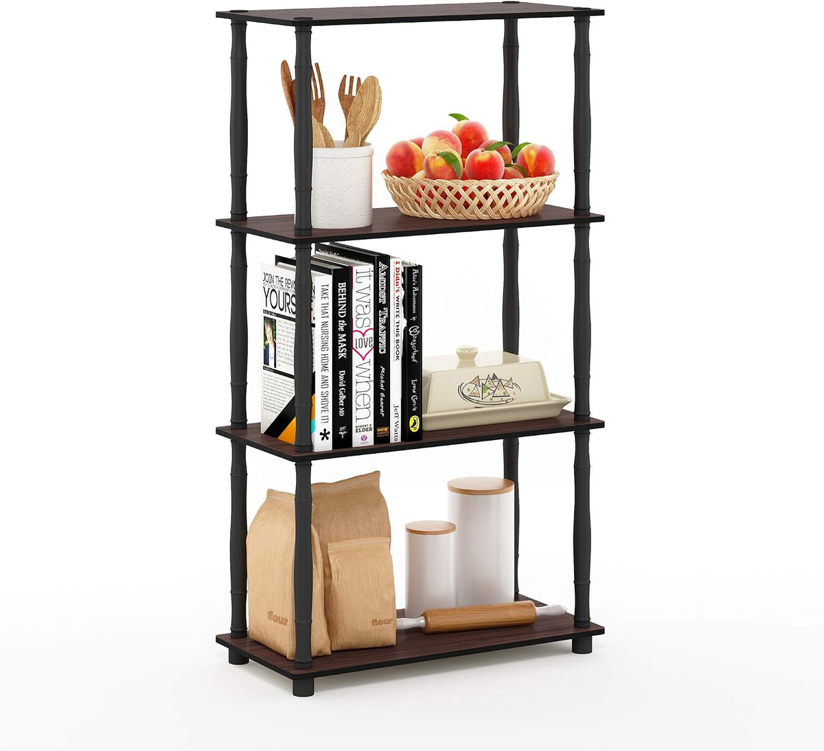 Turn-N-Tube Toolless Assembly 4-Tier Open Frame Brown Book Shelf, Corner Shelf, Open Shelves, Classic Tube, for Organization and Storage, Living Room, Home Office, Cherry Oak
