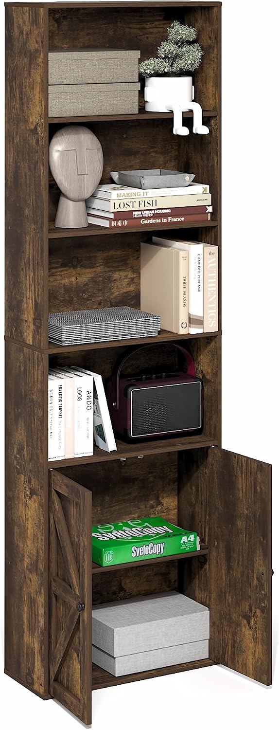 Jensen Farmhouse Style 6-Tier Book Shelf with Doors, Amber Pine