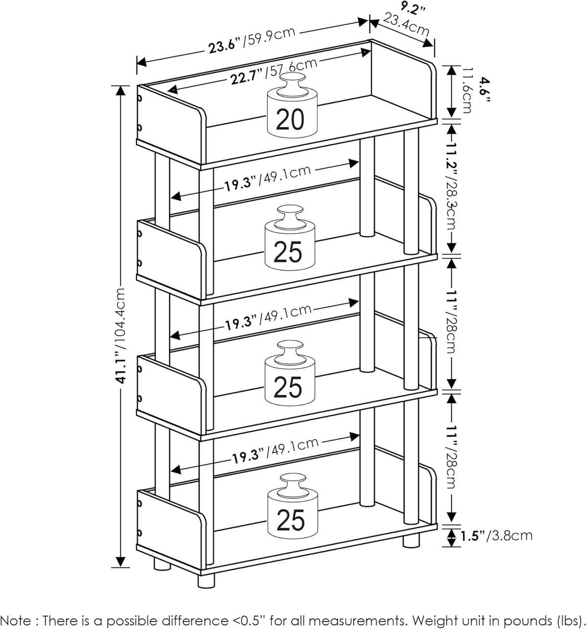 TURN-N-TUBE 4-Tier Display Shelf, Storage Shelves, Book Shelf, Open Shelves with Rounded Corner Top Edges, for Organization and Storage, Living Room, Home Office, Flagstaff Oak