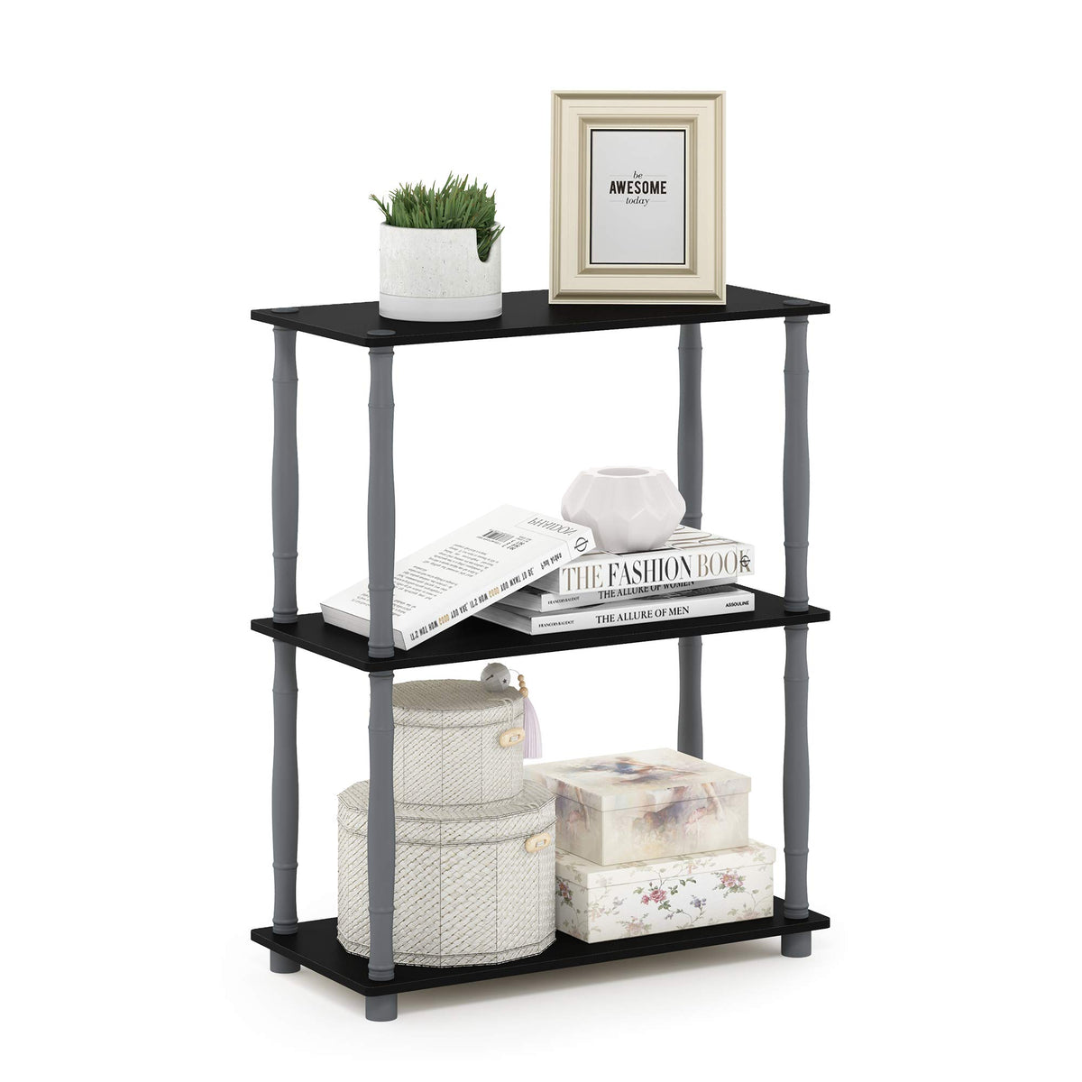 99152BE/WH/IV 3-Tier Go Green Multipurpose Storage Rack Shelving Unit Bookshelf Cabinet with 2 Bins, Beech Finish