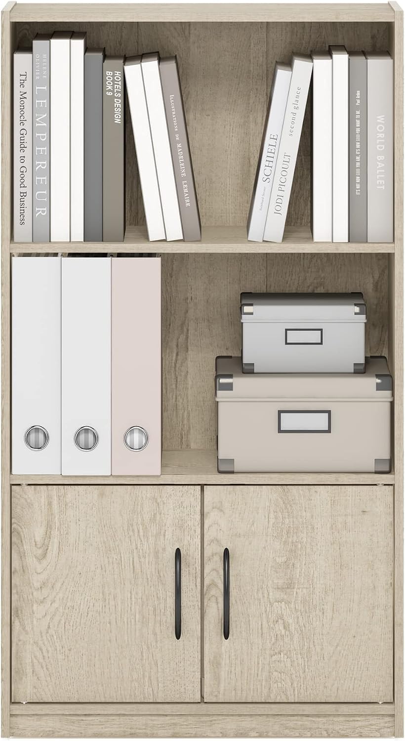 Gruen 3-Tier Open Shelf Bookcase with 2 Doors Storage Cabinet, Metropolitan Pine