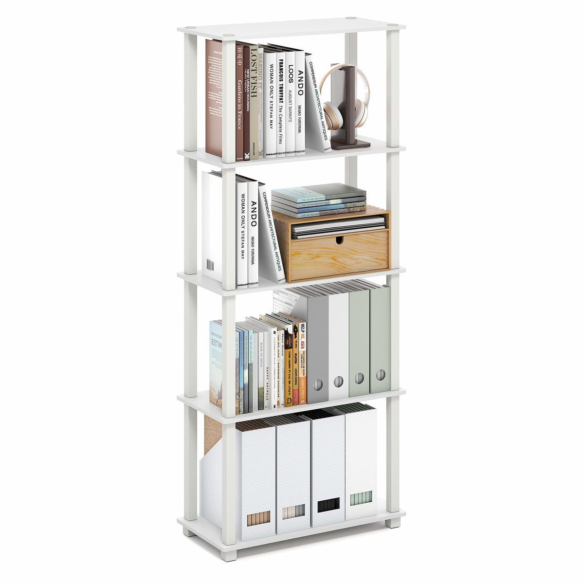 99152BE/WH/IV 3-Tier Go Green Multipurpose Storage Rack Shelving Unit Bookshelf Cabinet with 2 Bins, Beech Finish