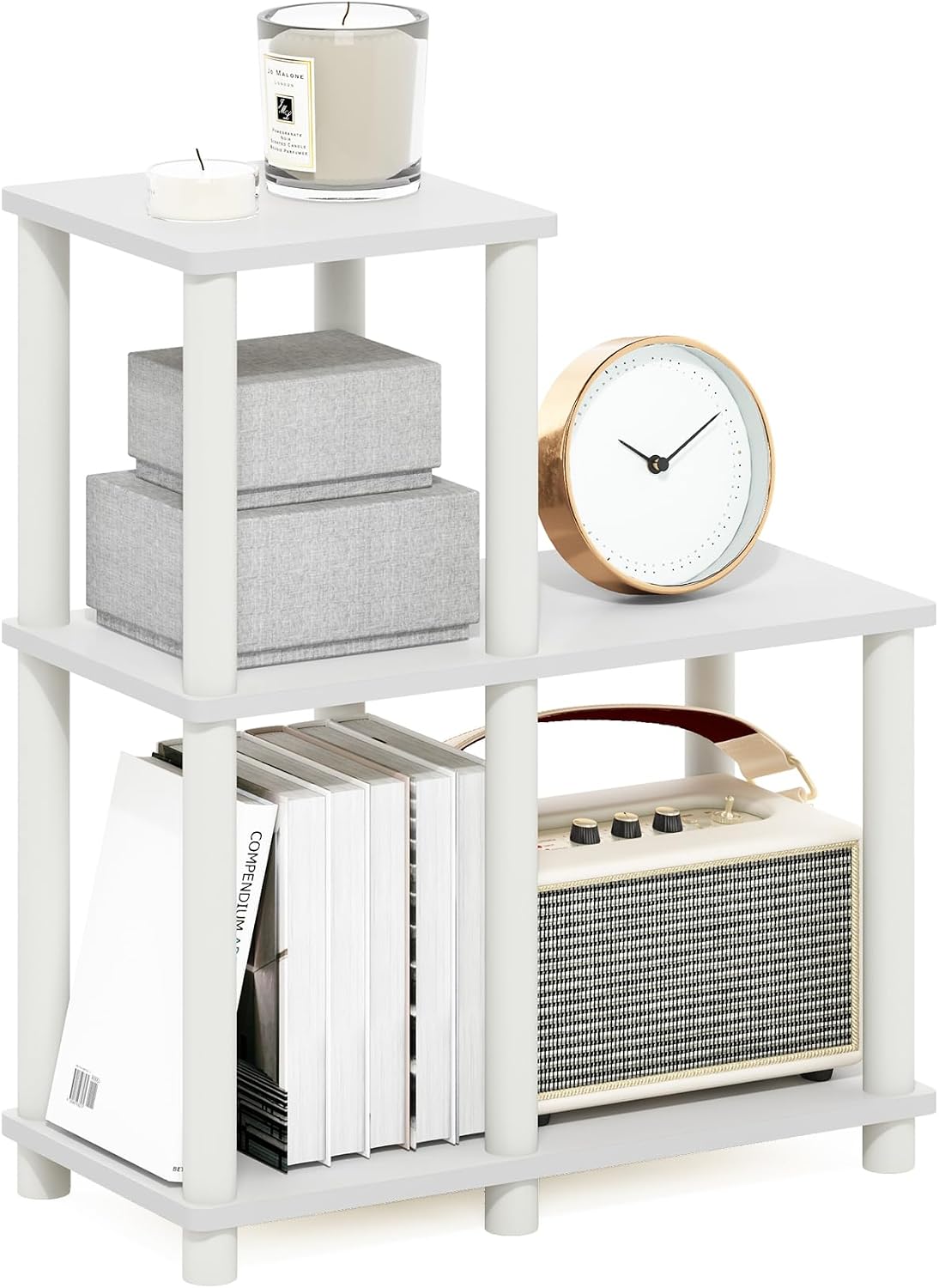 Turn-N-Tube Storage Shelves, 2-Tier Ladder Shape Book Shelf with Open Frame Design, 5-Cube Corner Shelf, Toolless Open Shelves, Living Room, Garage, Home Office, White