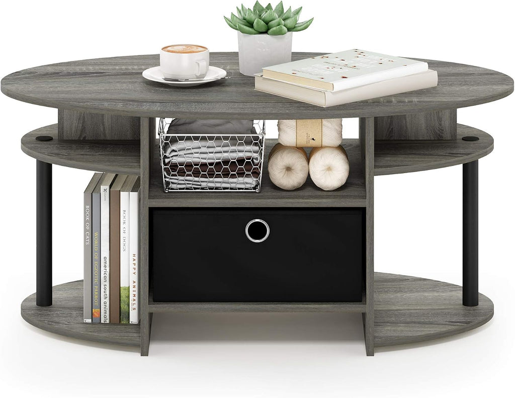 Jaya Oval Modern Grey Coffee Table with Side Shelves and Storage Bin, Side Table with Shelf, for Living Room, Bedroom, Home Office, Grey Oak