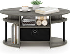 Jaya Oval Modern Grey Coffee Table with Side Shelves and Storage Bin, Side Table with Shelf, for Living Room, Bedroom, Home Office, Grey Oak