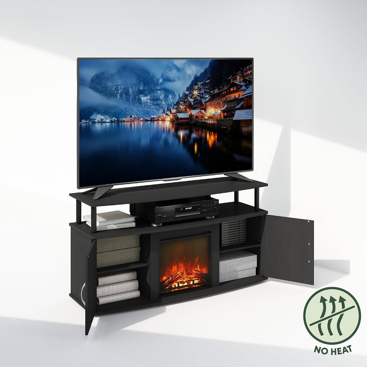 Jensen Fireplace TV Stand, NO Heat Decorative Electric Fireplace Corner TV Stand for TV up to 55 Inch, with Doors Storage Cabinet, for Living Room, Americano/Black