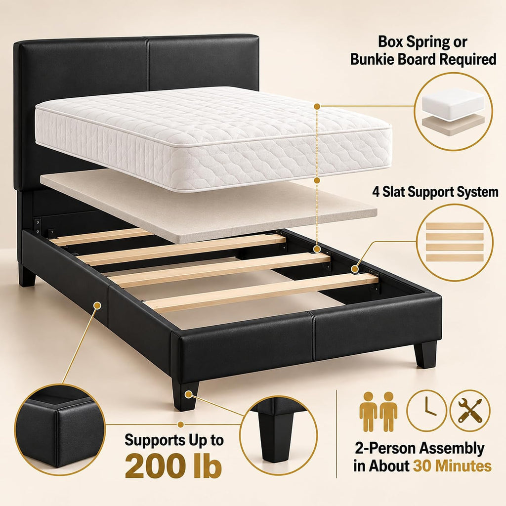 Pessac Bed Frame, Upholstered Bedframe, Twin, Plain Black