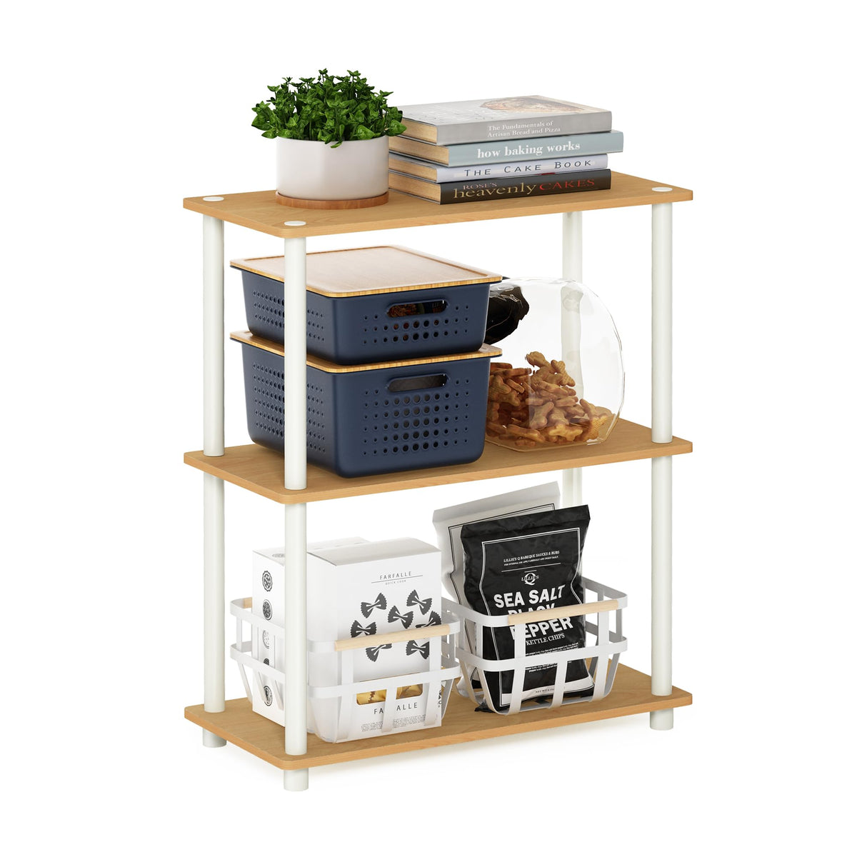 99152BE/WH/IV 3-Tier Go Green Multipurpose Storage Rack Shelving Unit Bookshelf Cabinet with 2 Bins, Beech Finish