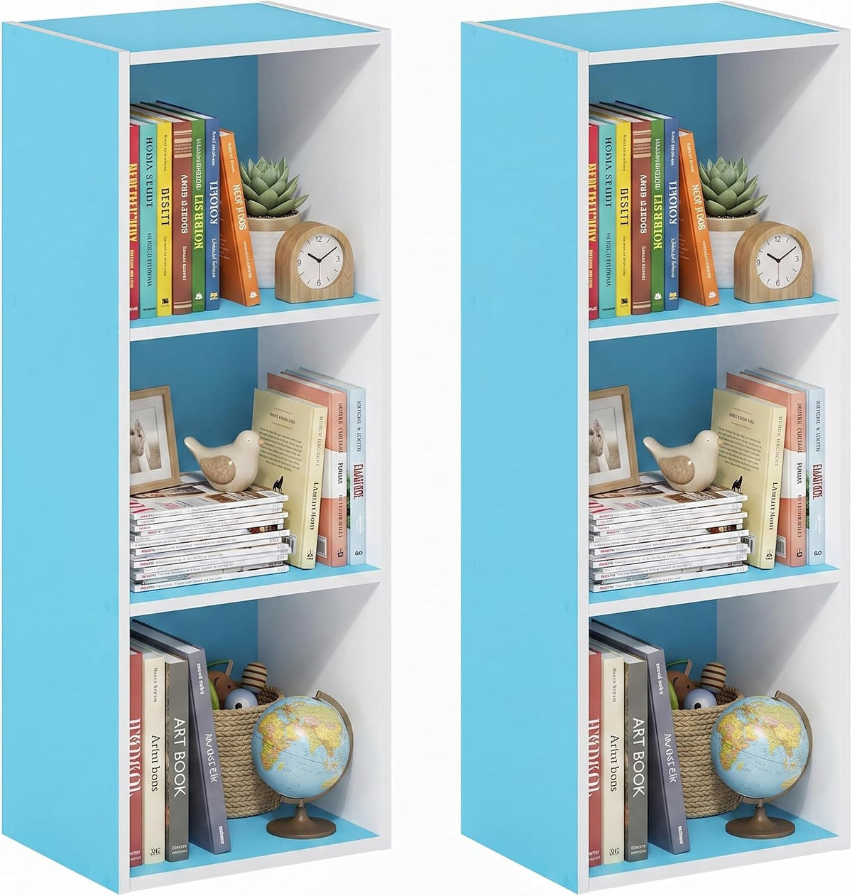 LUDER Set of 2 Book Shelf, 3-Cube, White/Light Blue