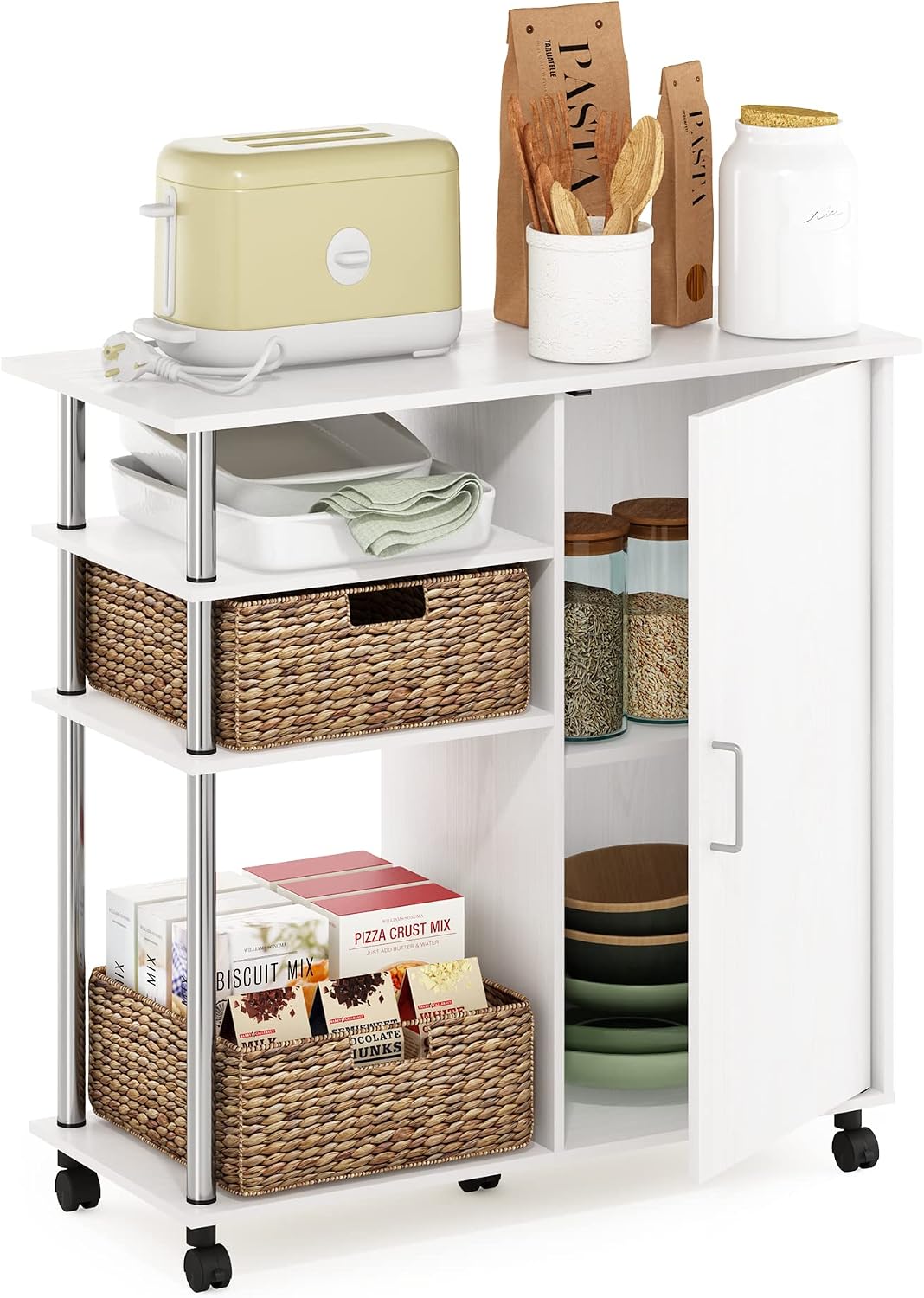 Helena Utility Kitchen Island and Storage Cart on Wheels, 4-Tier, Stainless Steel Tubes, White Oak/Chrome