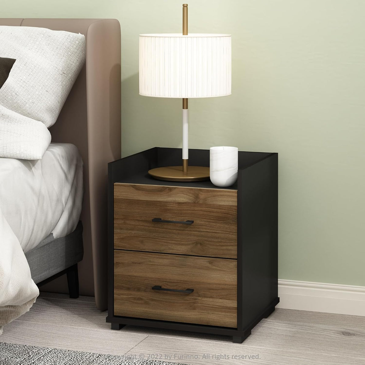 Tidur Night Stand with Drawers, 2 Drawers, Brown Walnut/Black