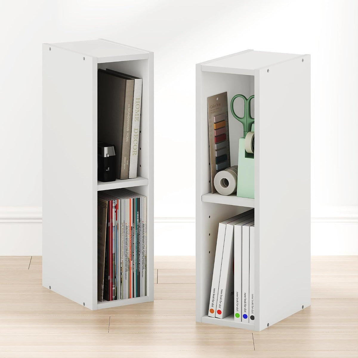 Fulda Book Shelf Set of 2, 2-Tier Narrow Bookshelf, 6" W, White