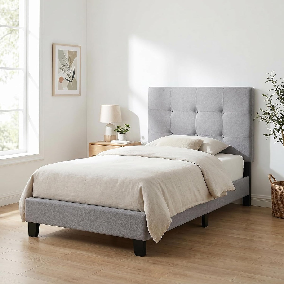 Laval Button Tufted Upholstered Platform Bed Frame, Twin, Glacier