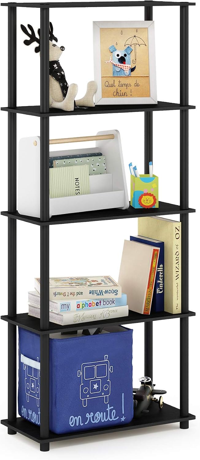 TURN-N-TUBE Storage Shelves, 5-Tier Book Shelf, Corner Shelf, Toolless Open Shelves, for Organization and Storage, Living Room, Garage, Home Office, Americano