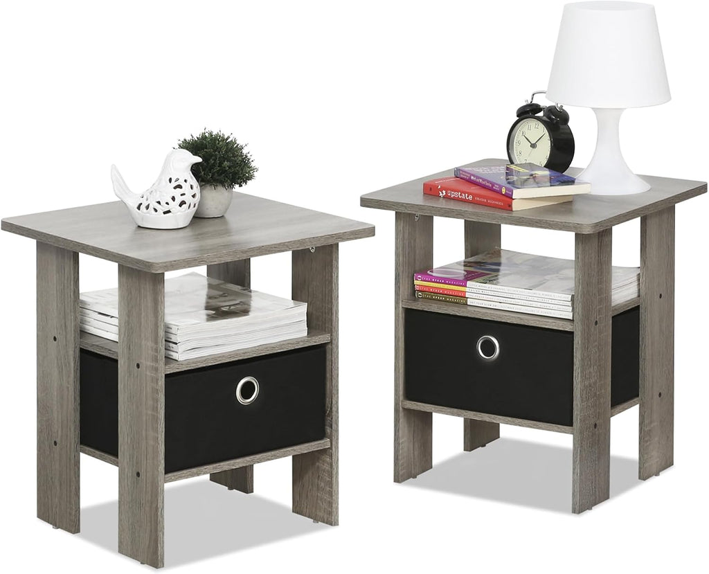 Andrey Set of 2 Side Table with Storage Bin Drawer, Grey Oak