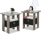 Andrey Set of 2 Side Table with Storage Bin Drawer, Grey Oak