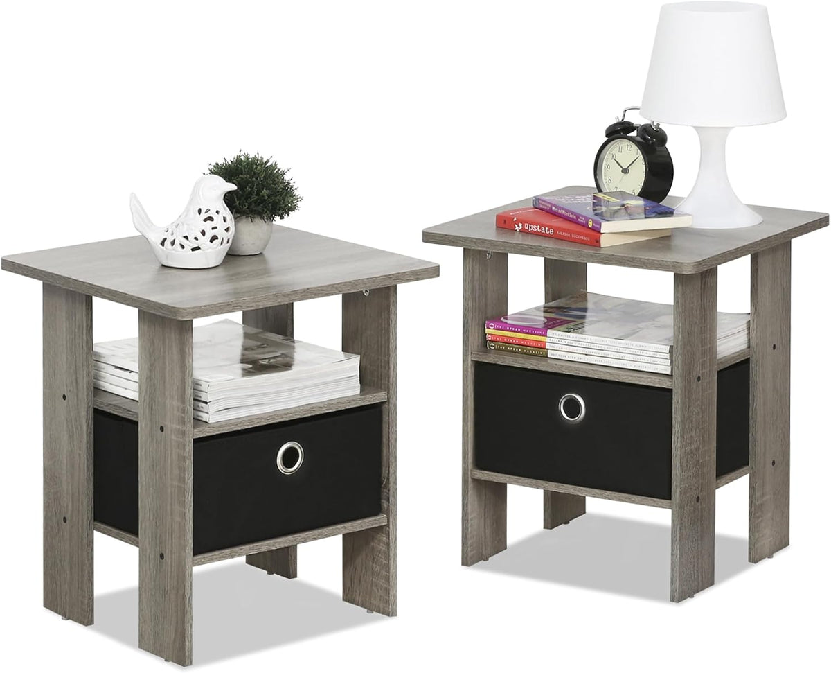 Andrey Set of 2 Side Table with Storage Bin Drawer, Grey Oak