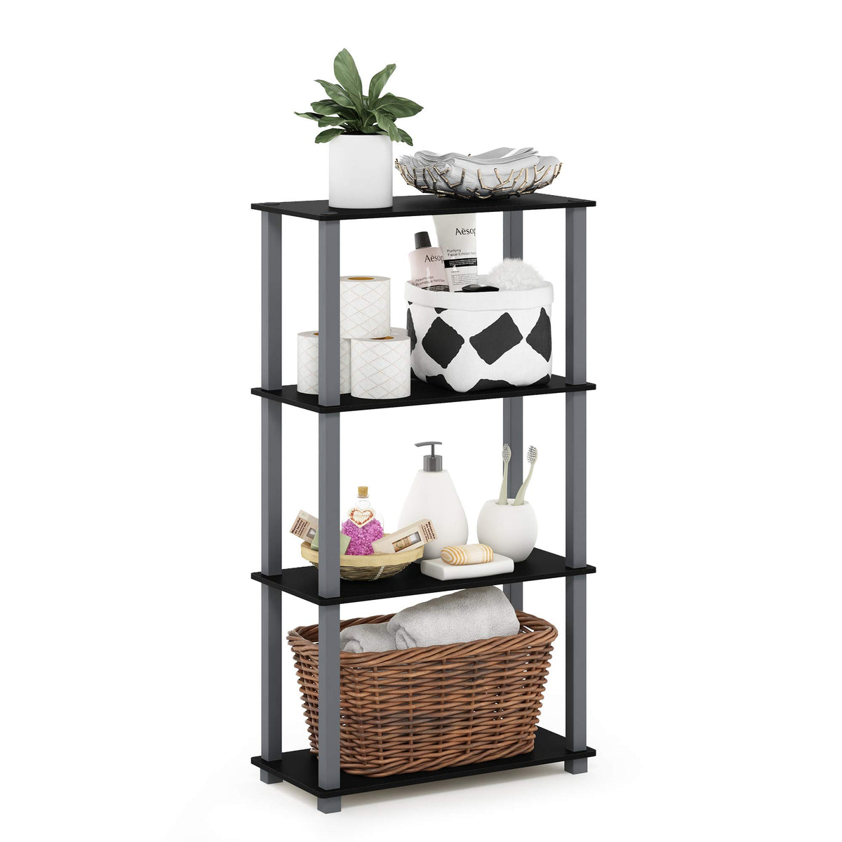 99152BE/WH/IV 3-Tier Go Green Multipurpose Storage Rack Shelving Unit Bookshelf Cabinet with 2 Bins, Beech Finish