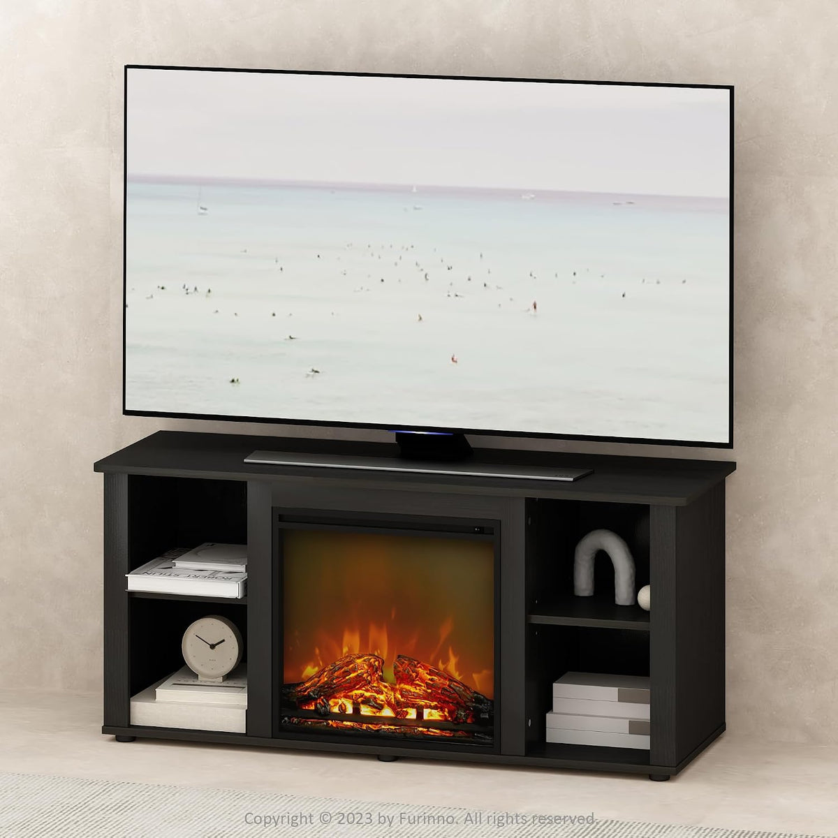 Jensen Fireplace TV Stand, NO Heat Decorative Electric Fireplace TV Stand for TV up to 55 Inch, with Open Storage, for Living Room, Americano