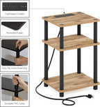 Just 3-Tier Turn-N-Tube USB and Type-C Charging Port End Table with Open Storage, 11.42 (W) x 8.82 (H) x 6.77 (D) inches, Flagstaff Oak/Black