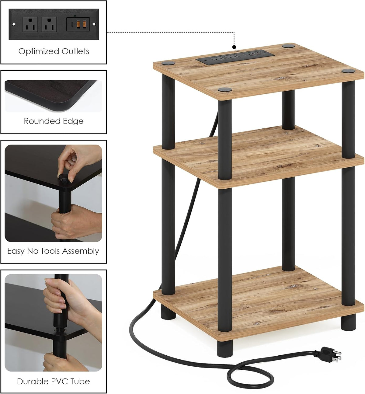 Just 3-Tier Turn-N-Tube USB and Type-C Charging Port End Table with Open Storage, 11.42 (W) x 8.82 (H) x 6.77 (D) inches, Flagstaff Oak/Black