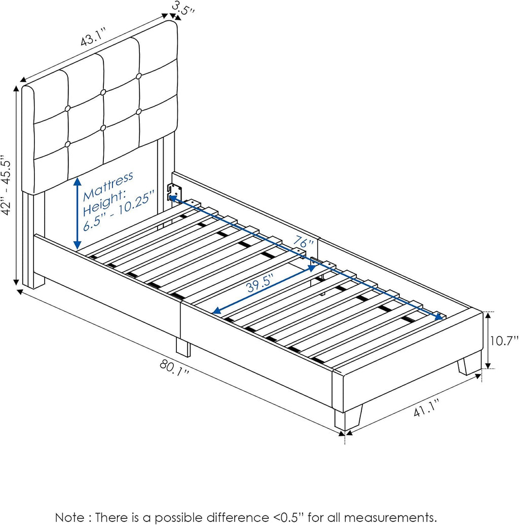 Laval Button Tufted Upholstered Platform Bed Frame, Twin, Glacier