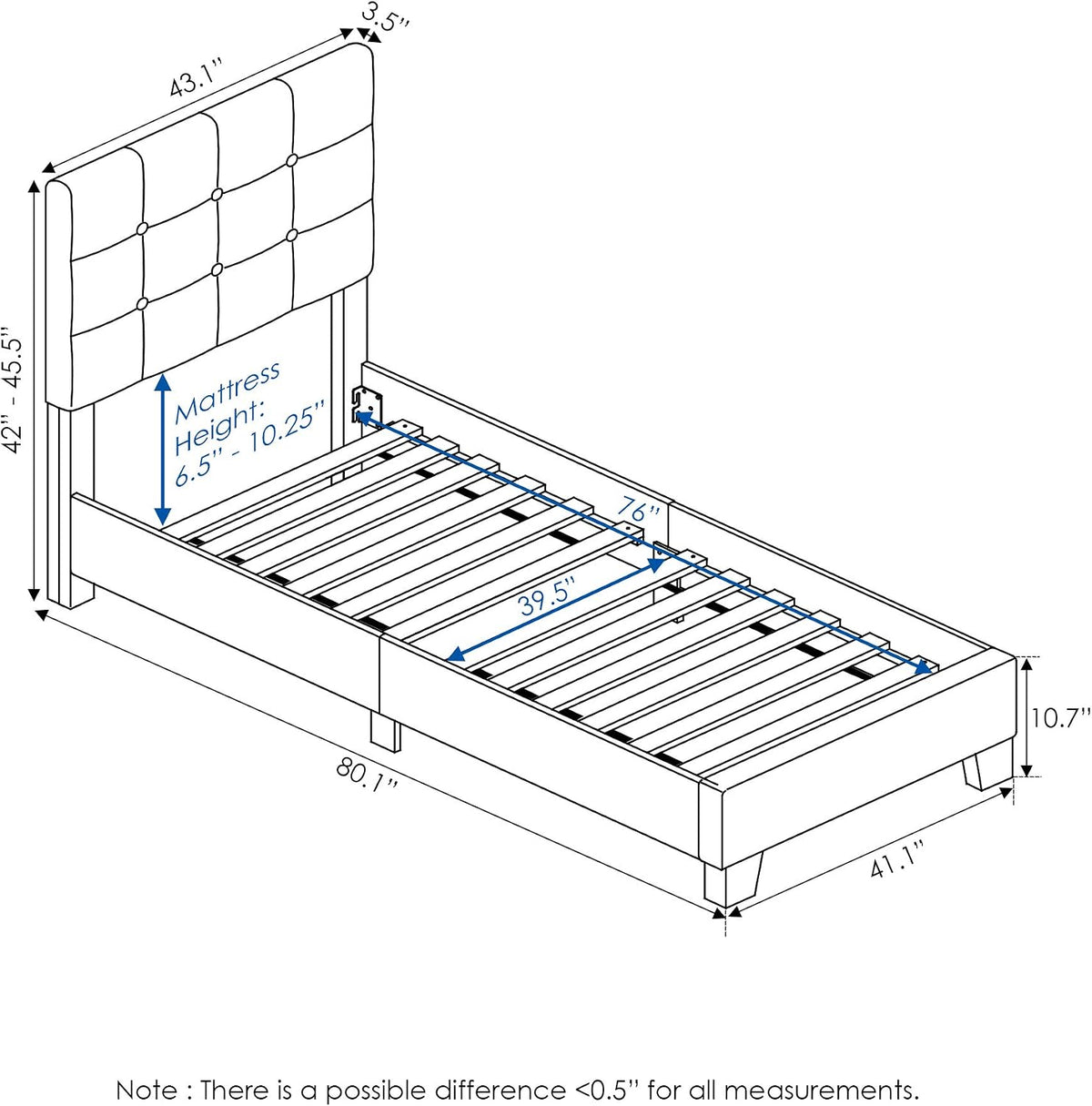 Laval Button Tufted Upholstered Platform Bed Frame, Twin, Glacier
