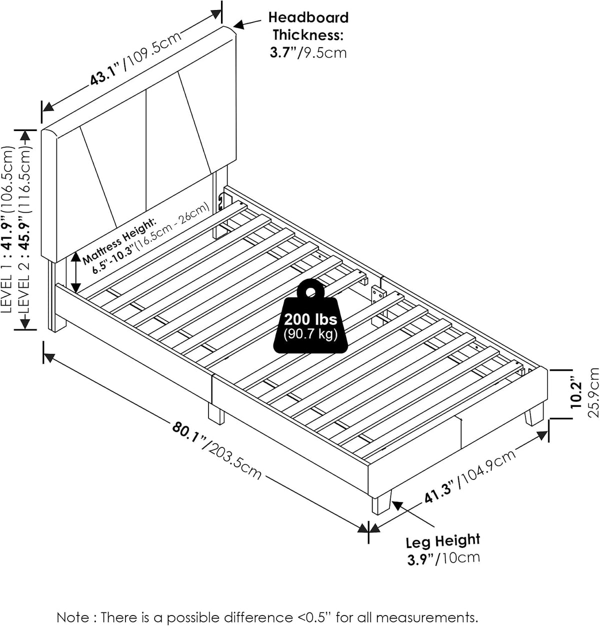 Lucy Bed Frame, Twin Size Bedframe with Geometric Design Upholstered Headboard, Bed with Adjustable Headboard, No Box Spring Needed, 12pcs Wooden Slat Support, for Bedroom, Dorm, Glacier